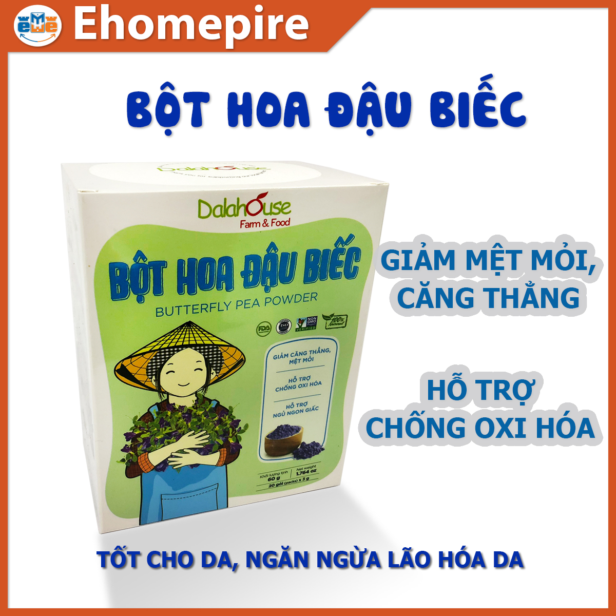 Bột Hoa Đậu Biếc Dalahouse – Hộp 20 Gói x 3gr Tiện Lợi – Cung Cấp Vitamin E&amp;C, Tốt Cho Mắt Và Giúp Ngủ Sâu, 100% Nguyên Chất Được Sấy Lạnh Theo Công Nghệ Nhật