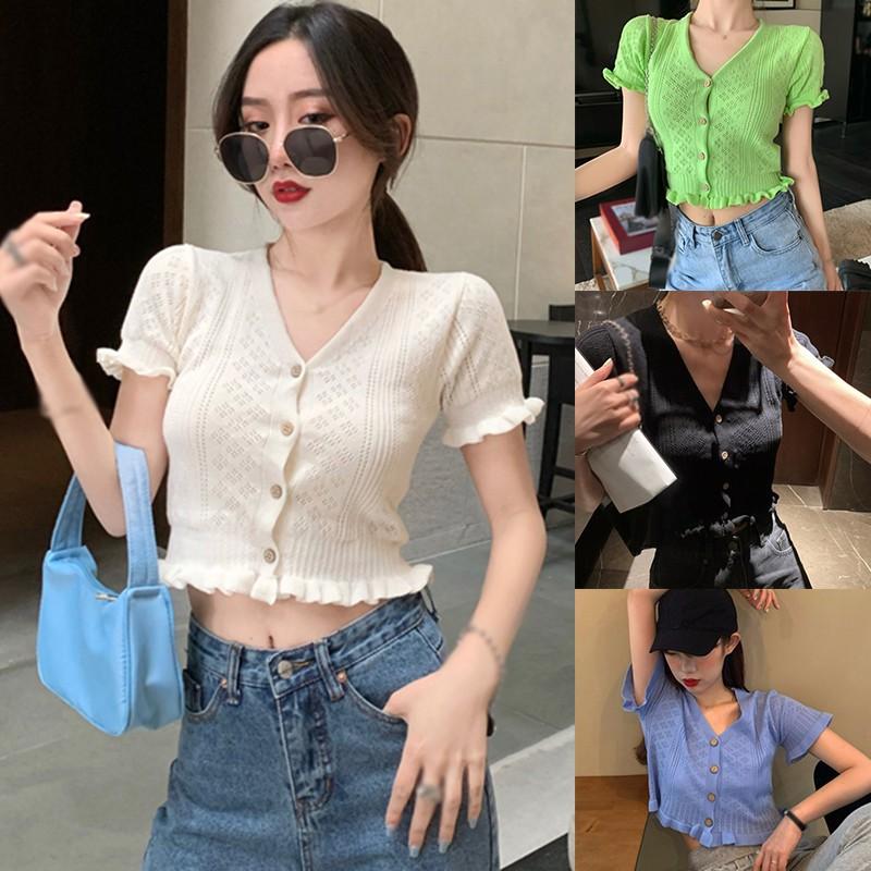 Áo Len Nữ Ngắn Tay Cổ Chữ V Thời Trang