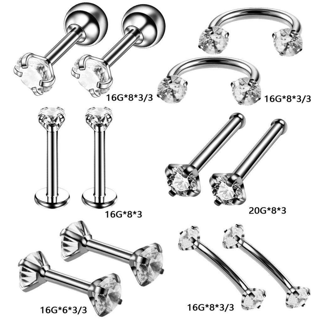 12pcs Stainless Steel Colored Zircon Lip Nose Nail Piercing Jewelry