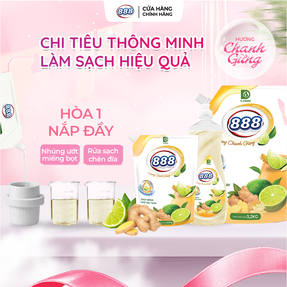 Combo 4 Túi Nước Rửa Chén 888 Hương Chanh Gừng Dịu Nhẹ Cho Da Tay 0.6kg/Túi