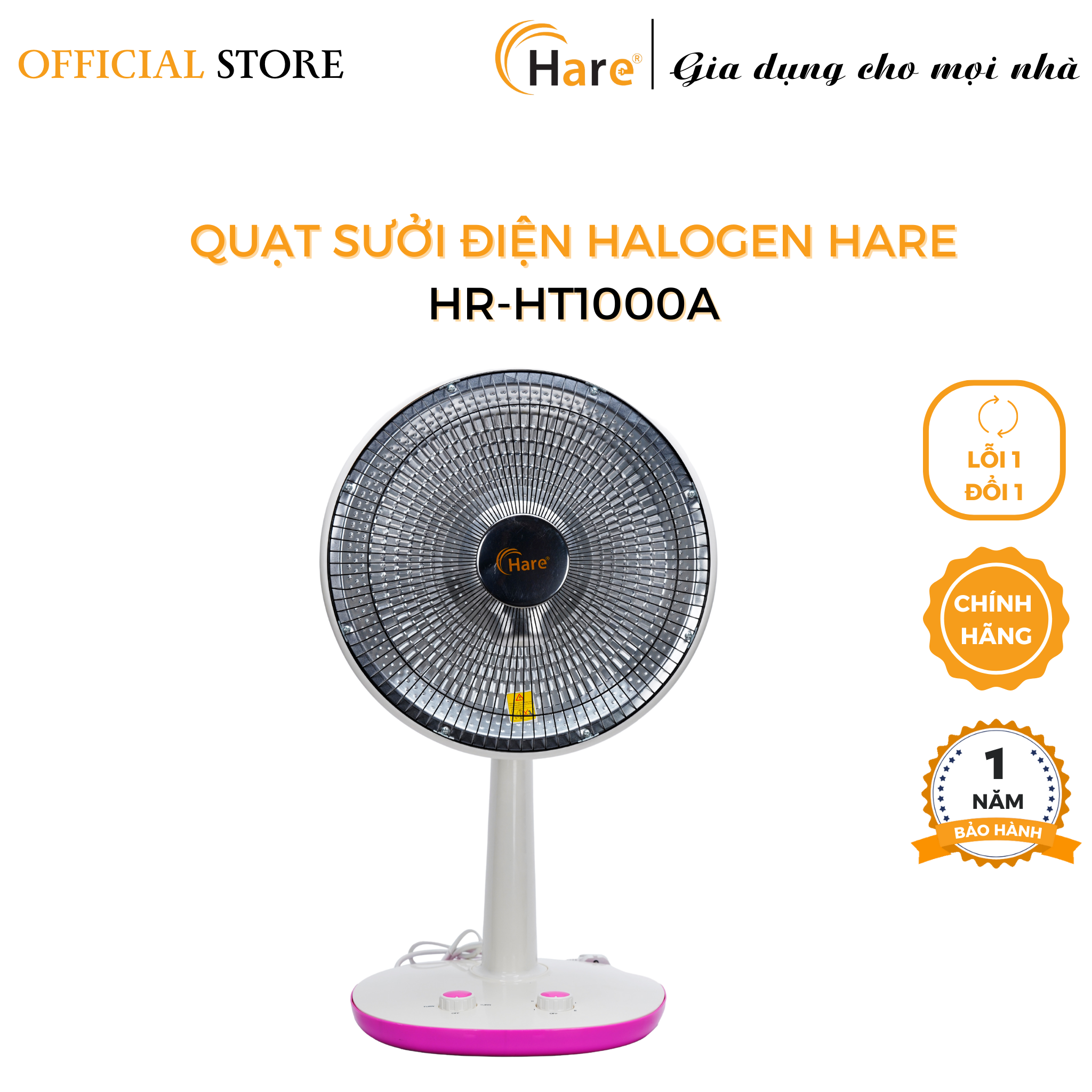 Quạt sưởi điện Halogen HR-HT1000A -hàng chính hãng thương hiệu Hare- bảo hành 18 tháng