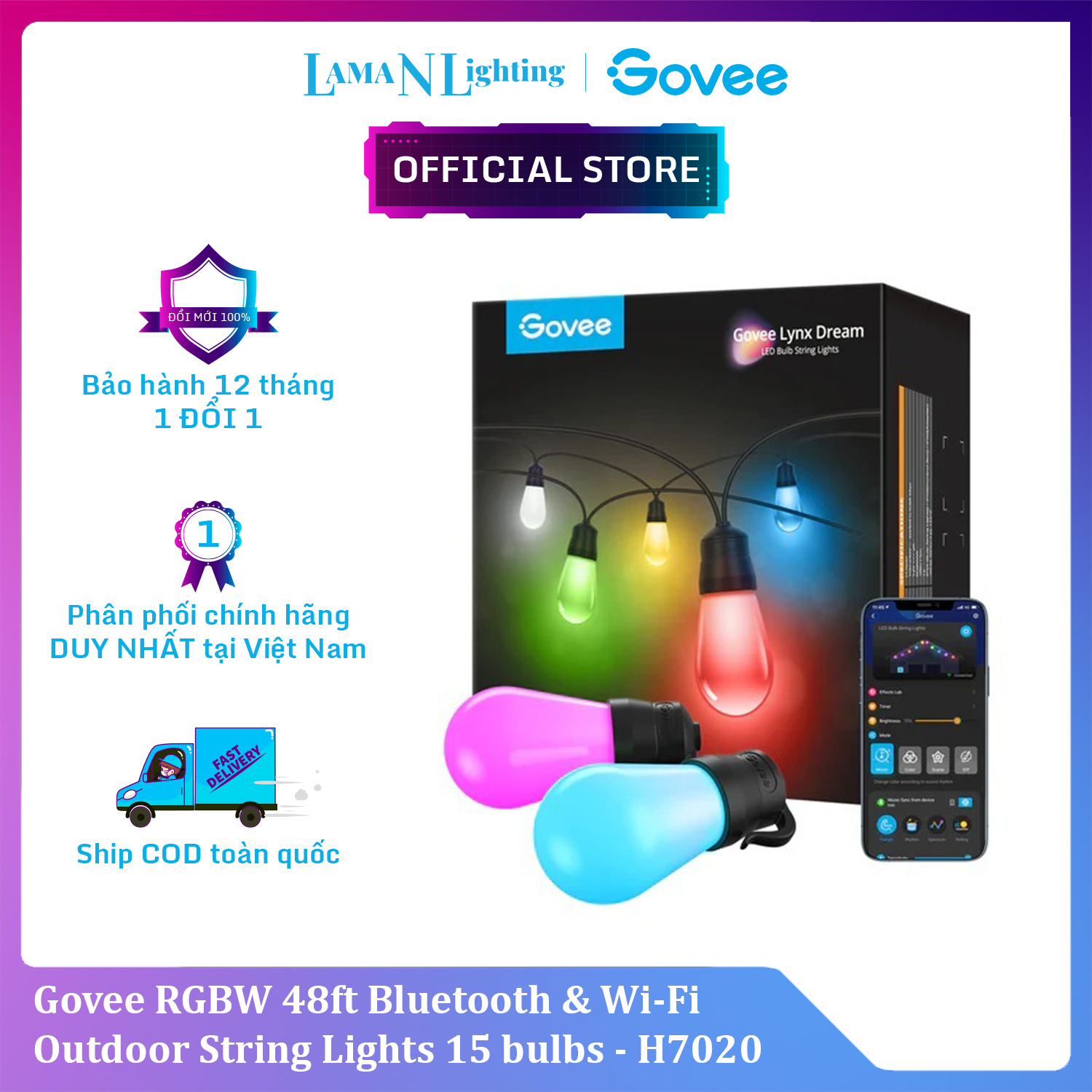Đèn treo ngoài trời Govee RGBW 48ft Bluetooth & Wi-Fi Outdoor String Lights H7020 | Thiết kế hiện đại | Khả năng chống thấm nước | Dễ dàng thao tác và lắp đặt