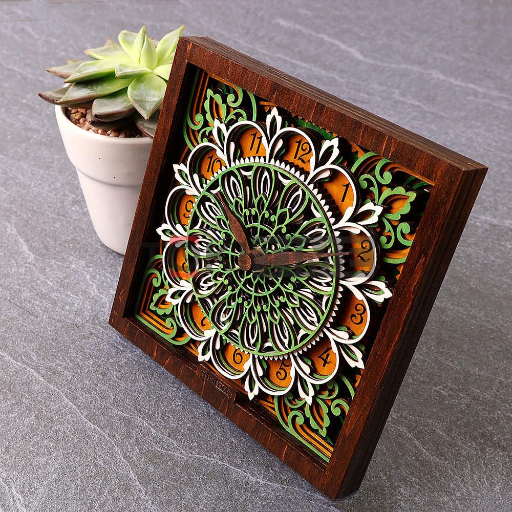 Đồng Hồ Để Bàn Gỗ Nghệ Thuật 3D - Khắc Laser - Kim Trôi Không Ồn