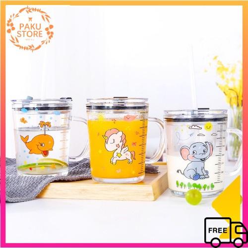 Ly Thủy Tinh Chia Vạch 350ml, Ly Pha Sữa Chia ml, Nắp Chống Tràn, Tiện Lợi, Bền Đẹp, Ống Hút Sillicon