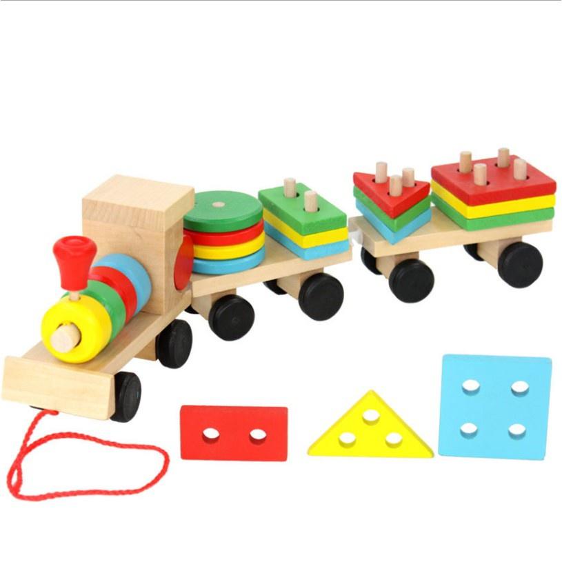 Đồ chơi gỗ- Thả hình khối- Đoàn tàu chở hình khối- thả trụ- cho bé vừa học vừa chơi phát triển tư duy