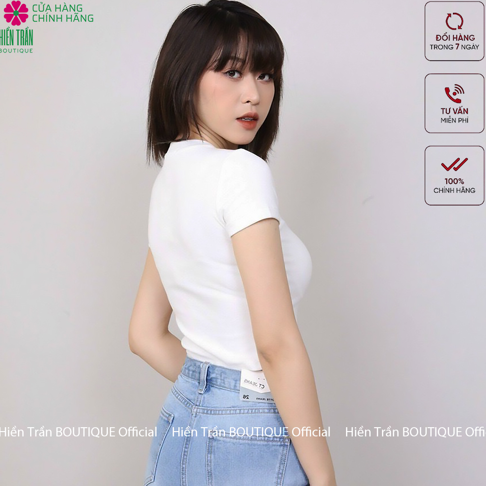 Áo croptop nữ Hiền Trần BOUTIQUE cổ tròn cộc tay vải thun ôm body crotop nữ cotton co giãn tốt nhiều màu