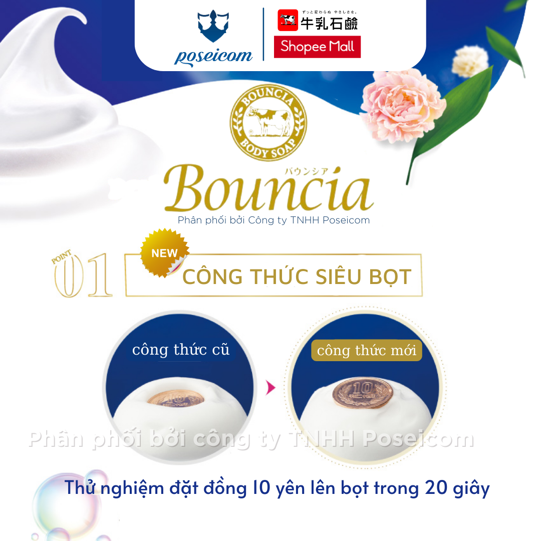 Sữa Tắm Bouncia Body Soap Cow dưỡng ẩm sáng sa chiết xuất từ sữa bò Hương Nước Hoa siêu tạo bọt chai 500ml
