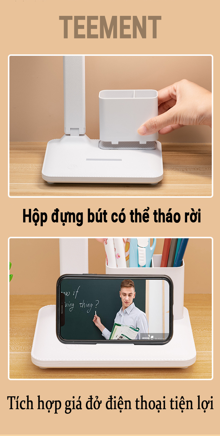 Đèn Bàn Học Đọc Sách Cao Cấp Teement Led Chống Cận 03 Chế Độ Ánh Sáng Vàng Bảo Vệ Mắt- Hàng Chính Hãng