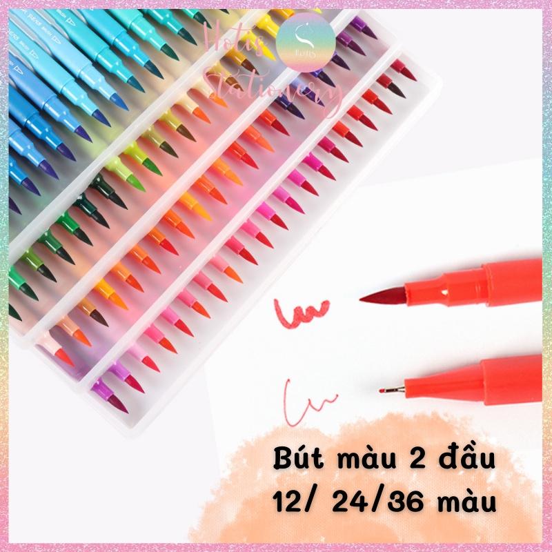 Bút lông hai đầu nắp trong, tô màu vẽ tranh gốc nước Dual tip brush pen - Bộ 12/24/36 màu