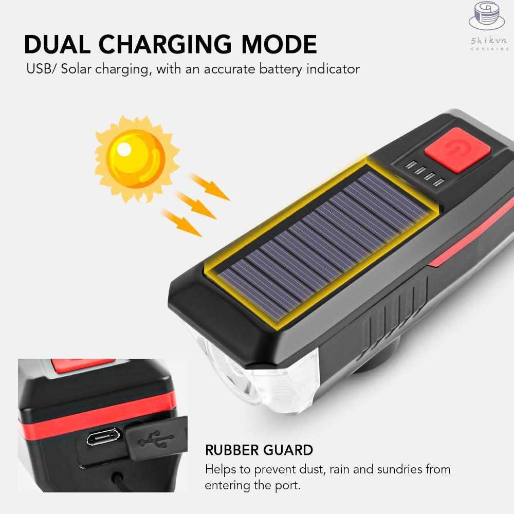 Đèn pha năng lượng mặt trời 5 chế độ sáng với cổng sạc USB chống nước có thể sạc lại cho xe đạp leo núi