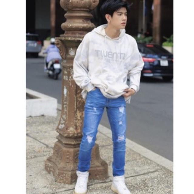 Quần Jeans Nam Streetwear Cao Cấp TLB Vietnam, Quần Bò Màu Xanh Form Skinny Jeans Rách Gối Co Giãn