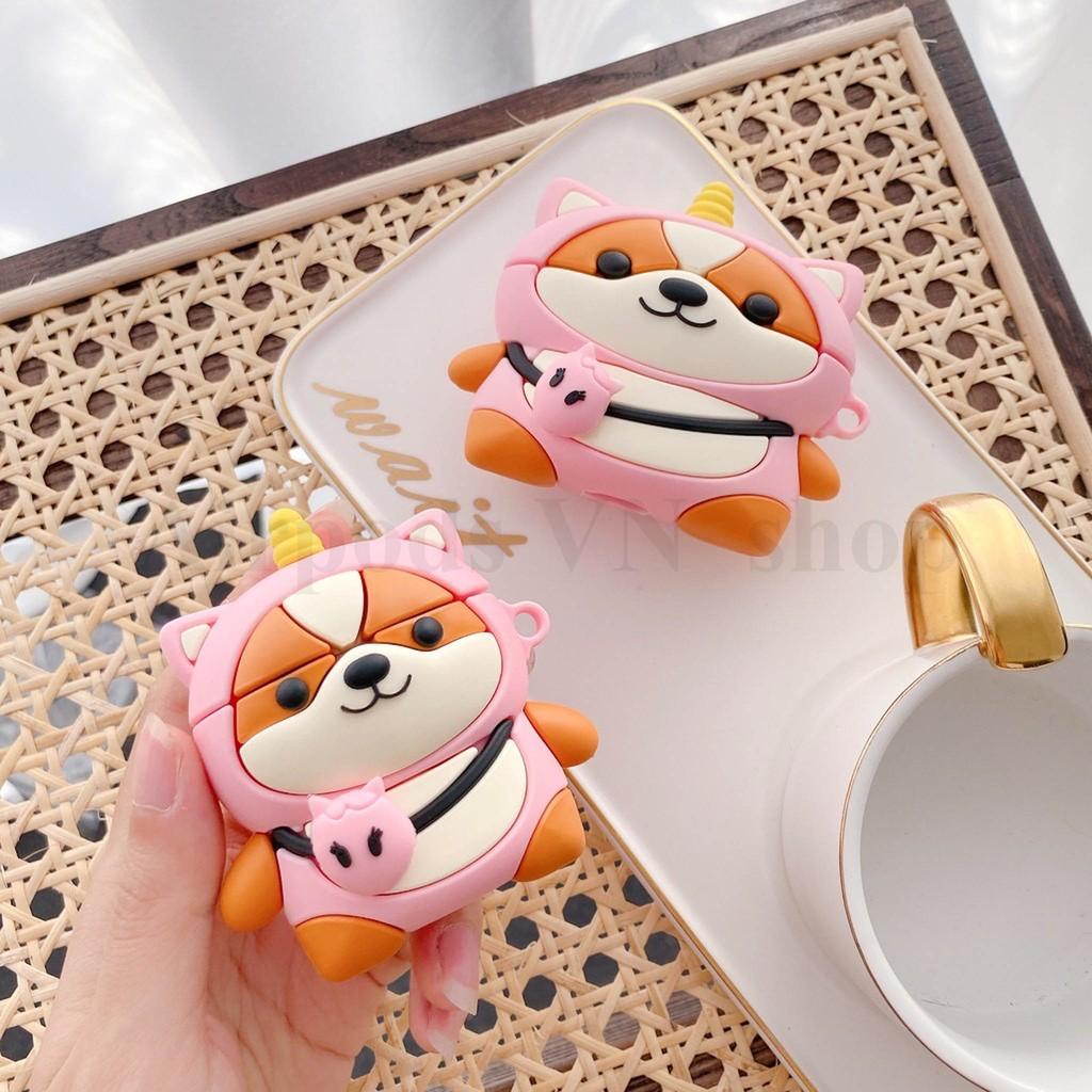 Bao Case Ốp dành cho Airpods 1/2, Airpods Pro shiba mang áo khủng long siêu xinh silicon cao cấp