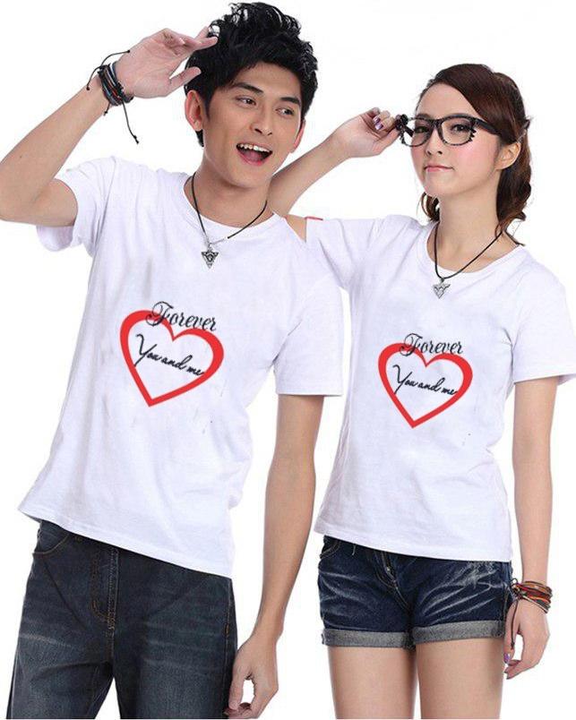 Bộ Áo Thun Đôi Forever You and Me Màu Trắng Nam Nữ