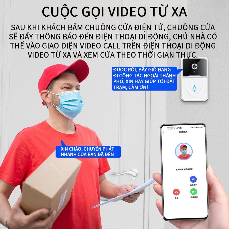 Chuông Cửa Có Camera Thông Minh X3 Kết Nối Không Dây, Chuông Cửa Thông Minh Bảo Vệ An Ninh Gia Đình