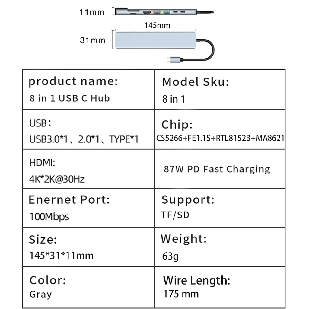 Vinetteam Hub USB TYPE-C 8 Cổng HDMI 4K 60Hz/ USB 3.0/ TF/ SD/ RJ45 100Mbps Dành Cho Macbook, PC Và Devices - Hàng Chính Hãng