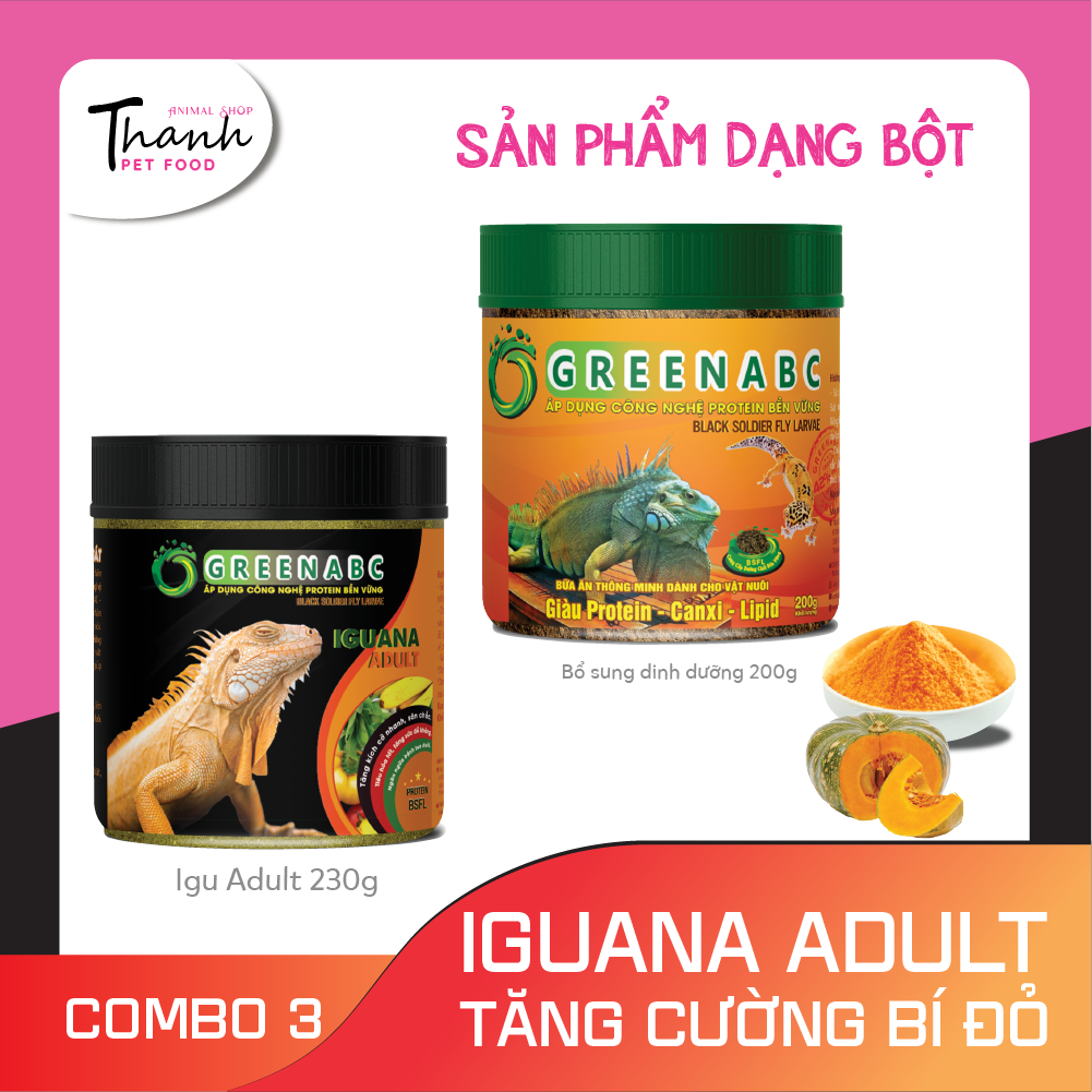 Thức ăn bò sát Iguana Trưởng Thành nhãn GREENABC vị bí đỏ dùng cho Iguana từ 1m trở lên – Gai bung, gù cao, dáng đẹp, lên màu tươi - Hộp 230g