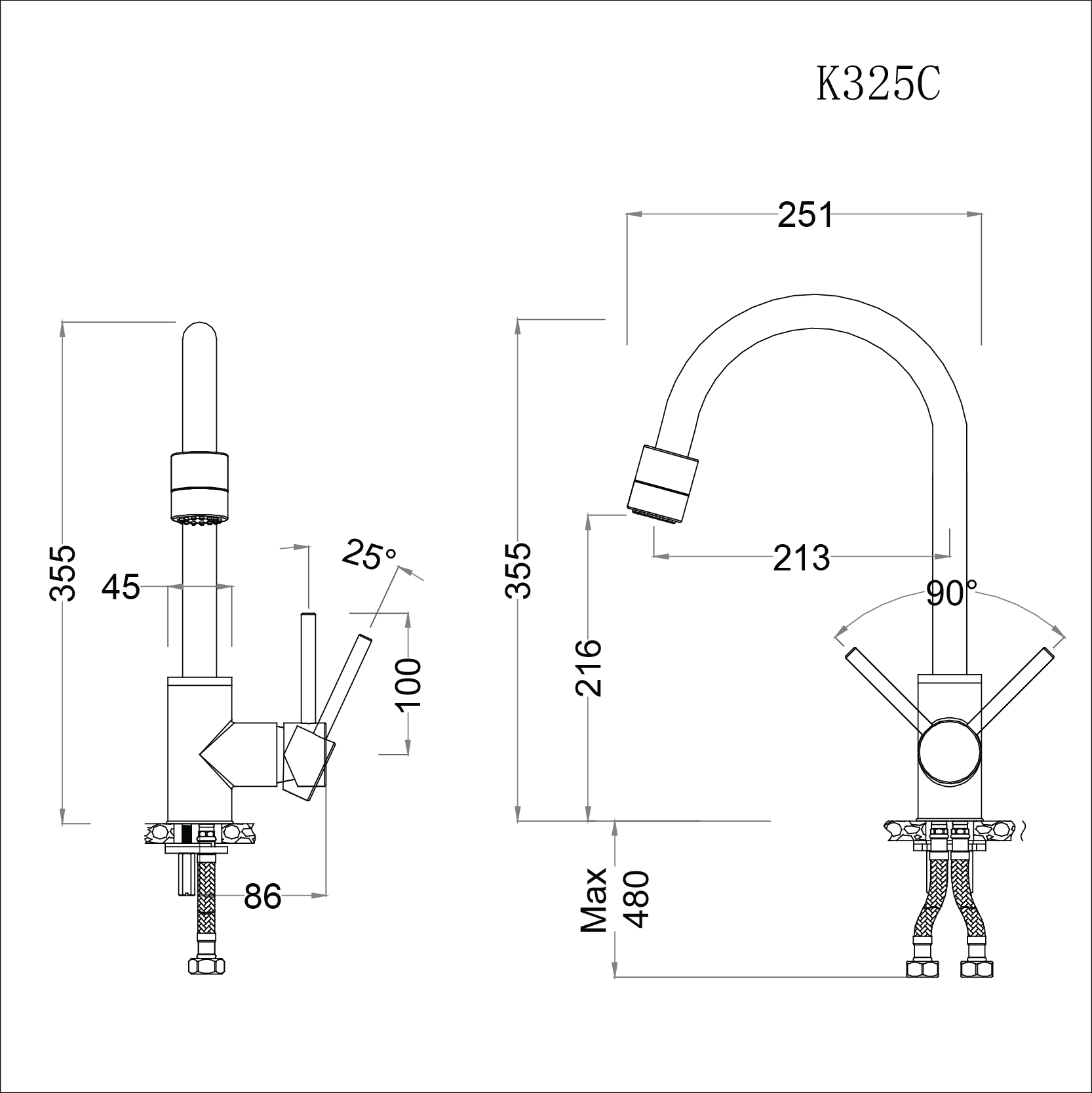 Vòi rửa bát (chén) nóng lạnh gắn chậu cổ cao 355 mm - Caesar K325C đầu vòi điều chỉnh được  03 chế độ xả