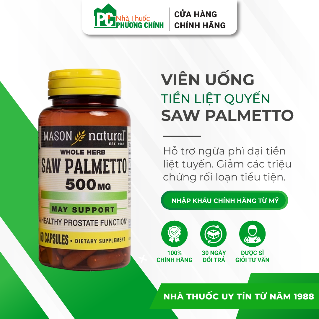 Viên Uống Tiền Liệt Tuyến Mason Natural Saw Palmetto - Hỗ Trợ Giảm Triệu Chứng Tiền Liệt Tuyến, Tiểu Đêm, Buốt  (Hộp 60 Viên)