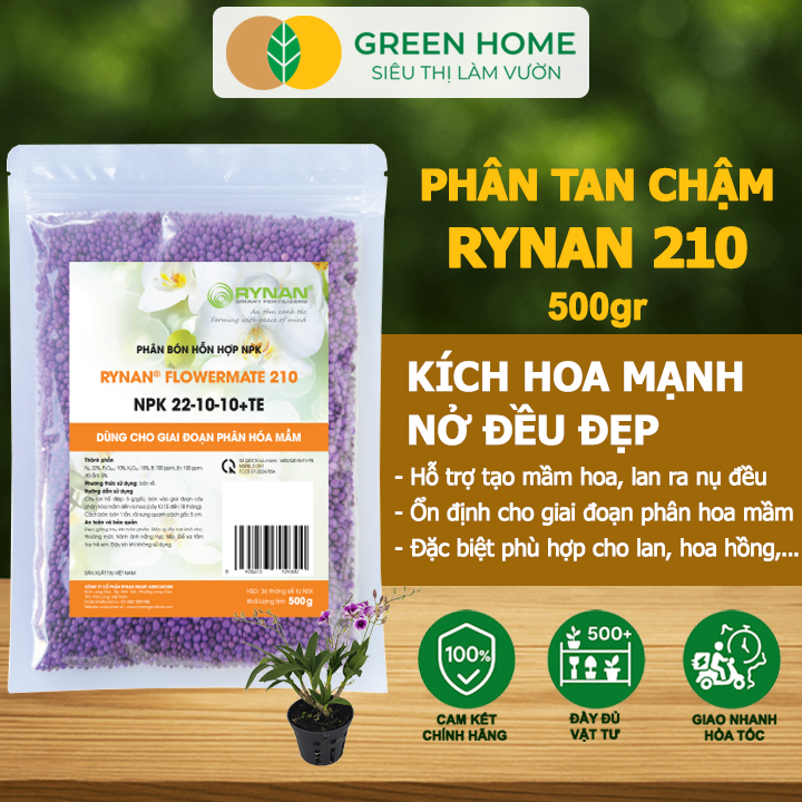 Phân Tan Chậm GreenHome, Rynan 210, Bao 500gr, Chuyên Dùng Cho Phong Lan Trưởng Thành