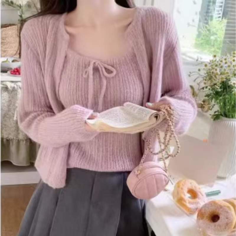 SET ÁO LEN CROPTOP DÂY CỔ YẾM TRƠN PASTEL + ÁO KHOÁC CARDIGAN LỬNG TAY DÀI DẠO PHỐ ĐI CHƠI ĐI BIỂN ĐI TIỆC