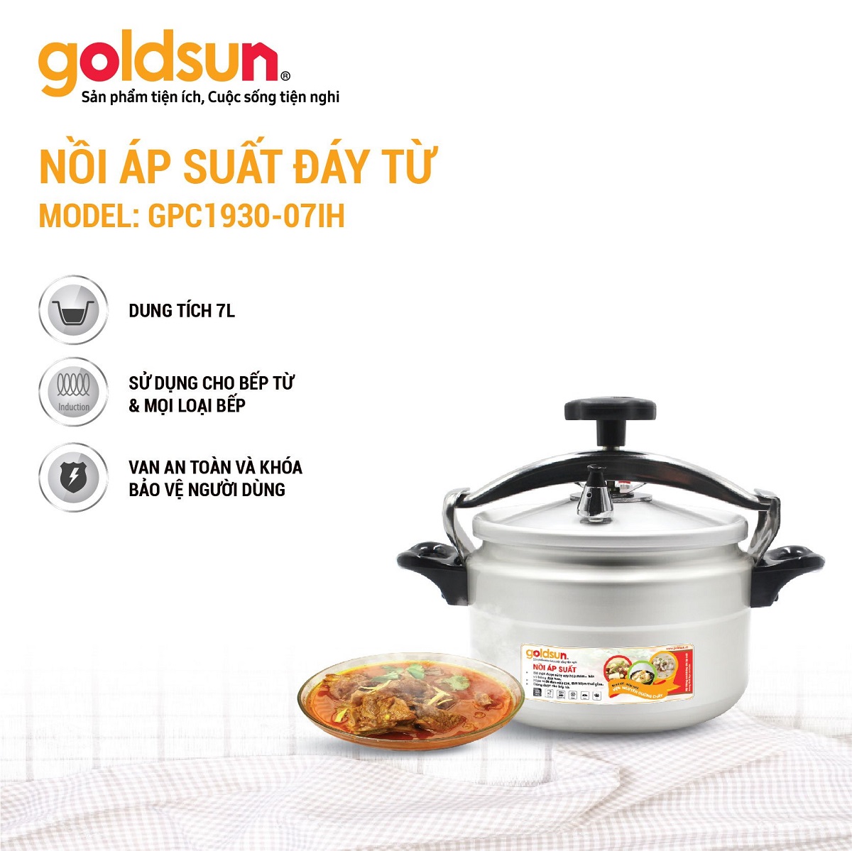 Nồi Áp Suất Nhôm Đáy Từ GOLDSUN GPC1930-07IH Dung Tích 7 Lít Có Van An Toàn - Hàng Chính Hãng