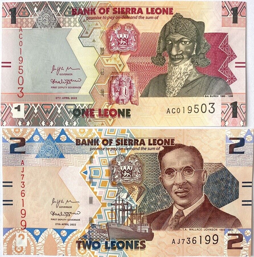 Tiền thế giới combo 2 tờ 1 và 2 leone của cộng hòa Sierra Leone sưu tầm