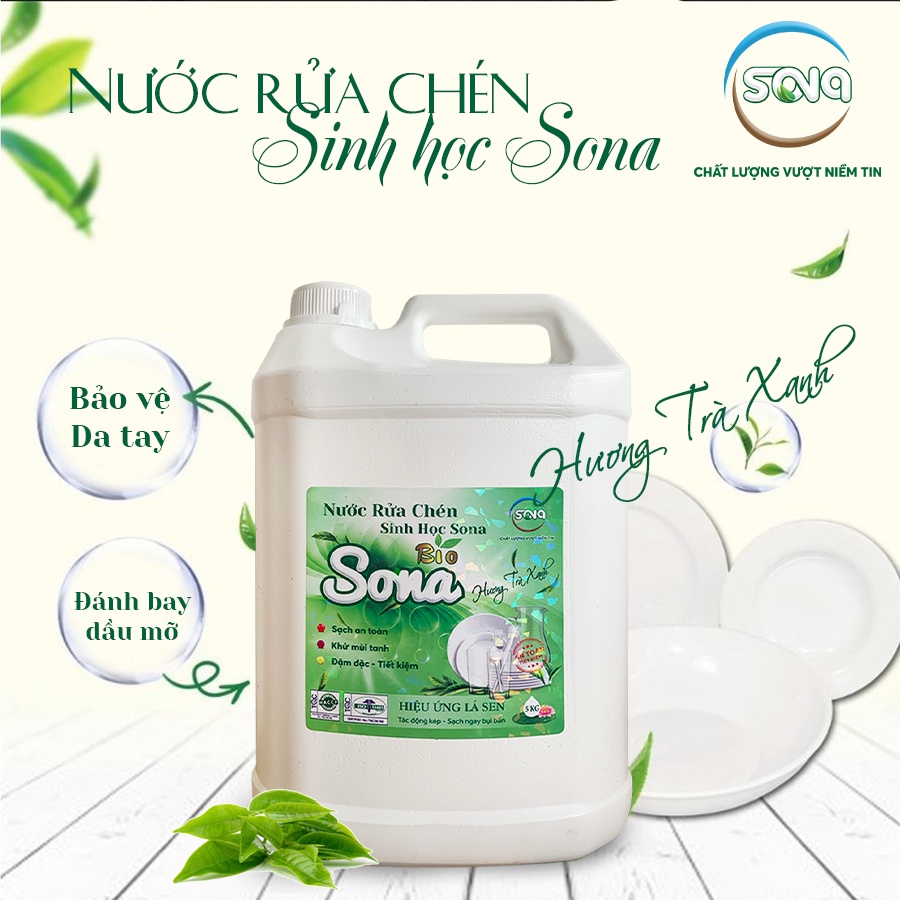 Nước rửa chén, rửa bát sinh học Sona 5kg, làm sạch siêu tốc, an toàn, mềm mại với da tay