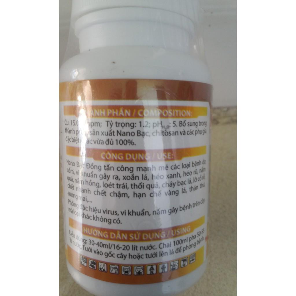 Phân bón lá NANO BẠC ĐỒNG trị NẤM BỆNH, VI KHUẨN cây trồng chai 100ml