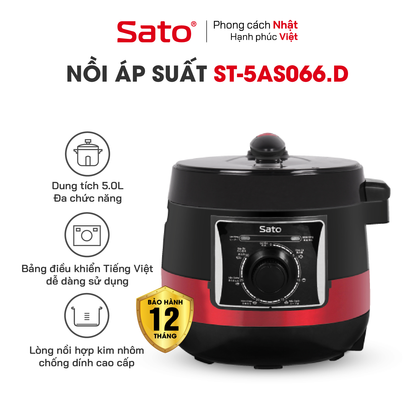 Nồi áp suất đa năng SATO 5AS066.D 5.0L - Bảng điều khiển Tiếng Việt dễ hiểu, dễ thao tác, an toàn khi dùng với van xả áp, van khóa hiện đại - Miễn phí vận chuyển toàn quốc - Hàng chính hãng