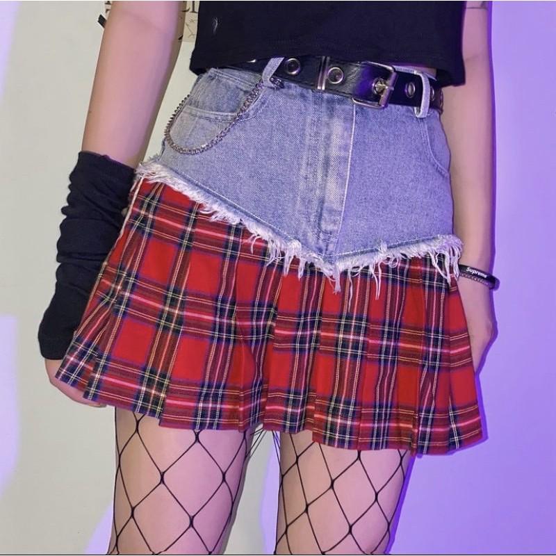 CHÂN VÁY JEANS PHỐI CARO CỰC CHẤT