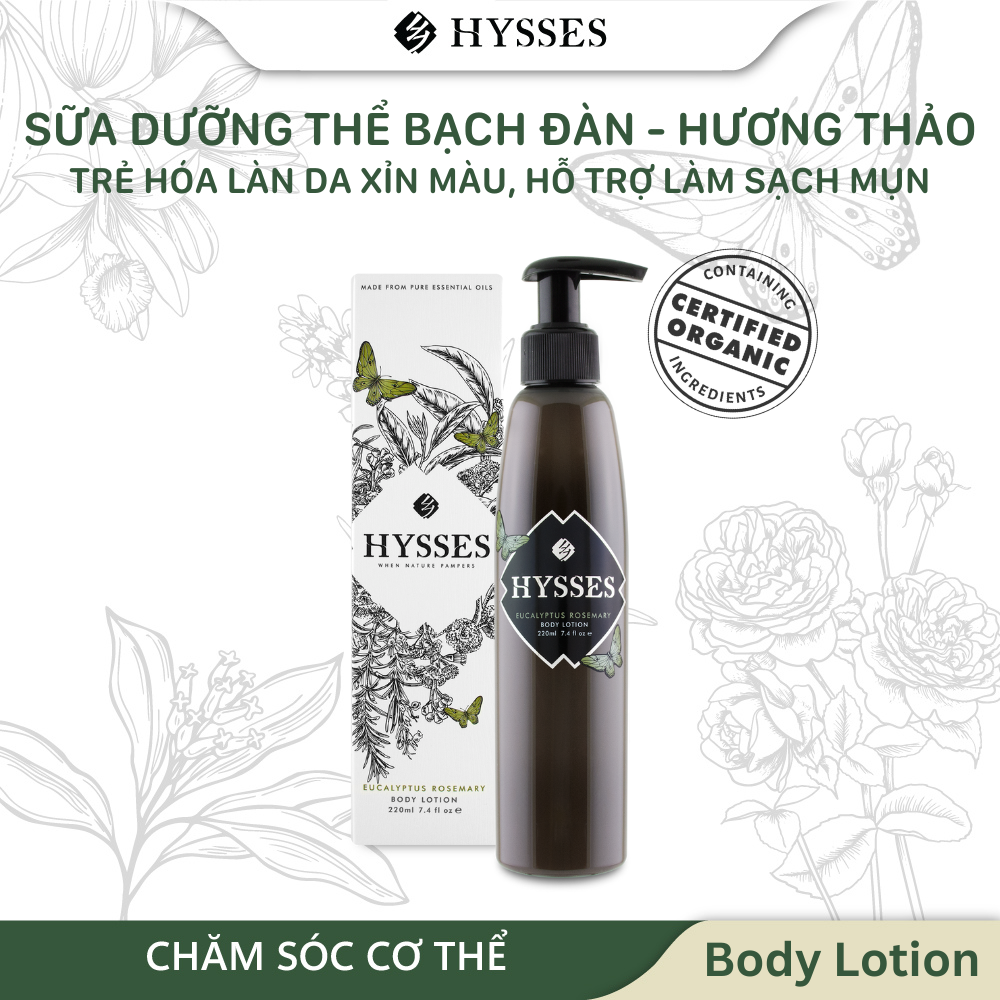 Sữa Dưỡng Thể Cao Cấp Hysses Body Lotion Làm Trắng Da, Trẻ Hóa, Dưỡng Ẩm Chuyên Sâu Cho Da Khô với Tinh Dầu Bạch Đàn - Hương Thảo Hữu Cơ Tự Nhiên