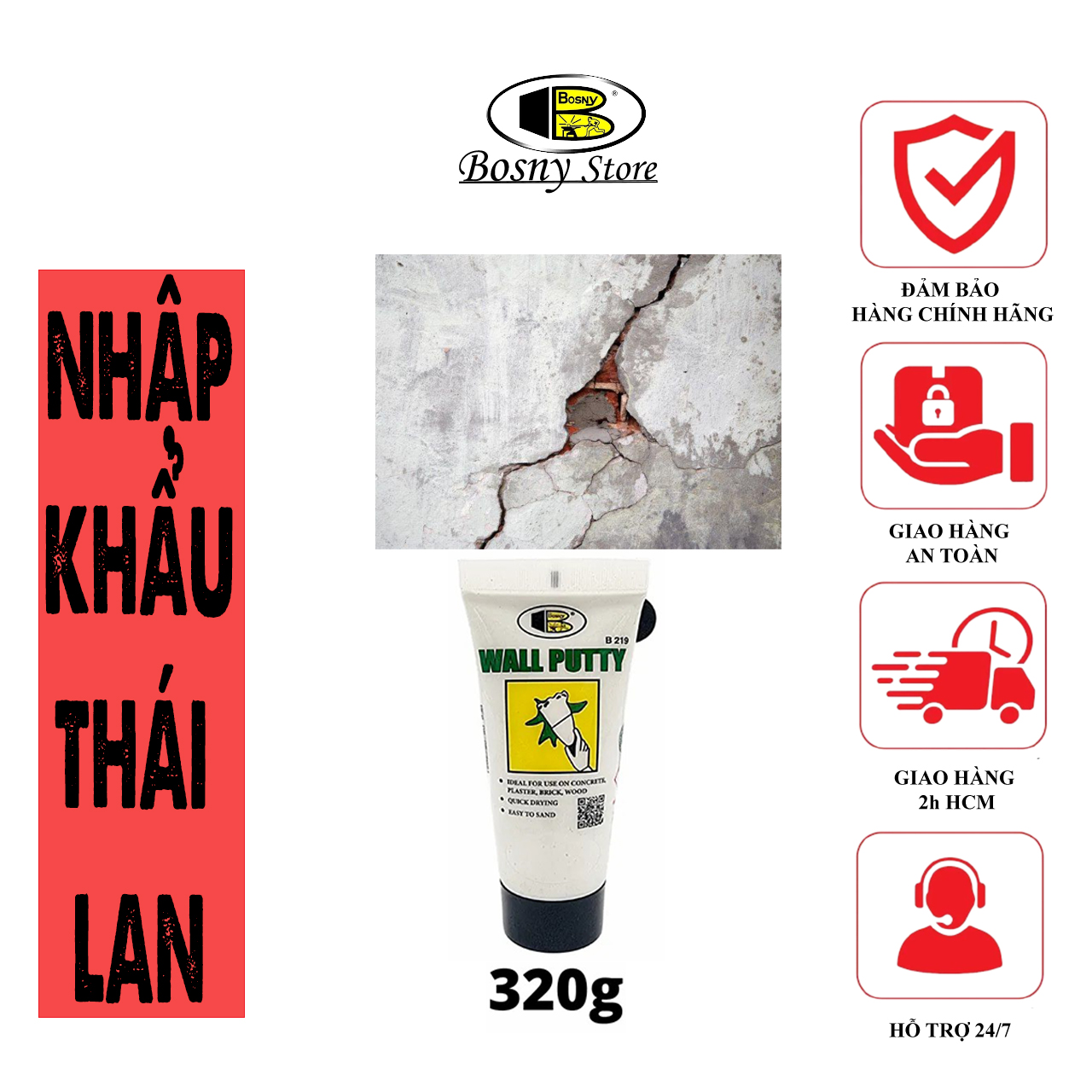 Bột trét tường chống thấm Wall Putty Bosny - Sửa chữa và trang trí tường nhà hiệu quả