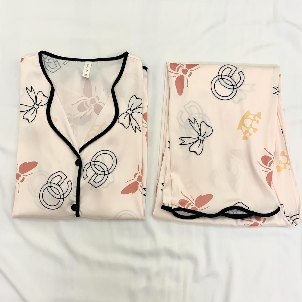 Pijama- Đồ Bộ Ngủ Cộc Vải Lụa Cao Cấp Viền Đen Họa Tiết CCLP10