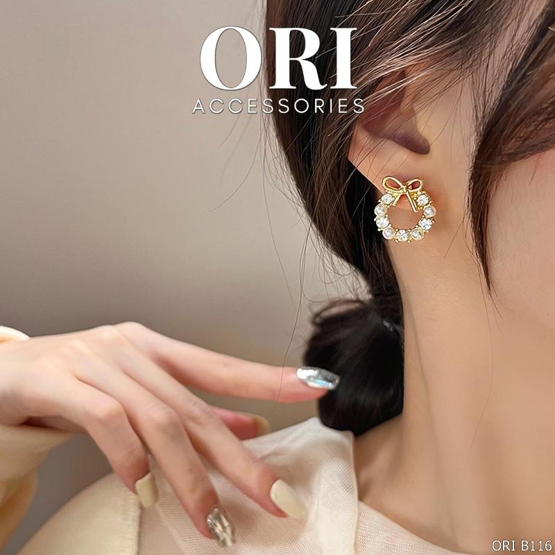 Bông tai nữ vòng tròn nơ đính đá Amyas đáng yêu ORI ACCESSORIES B116