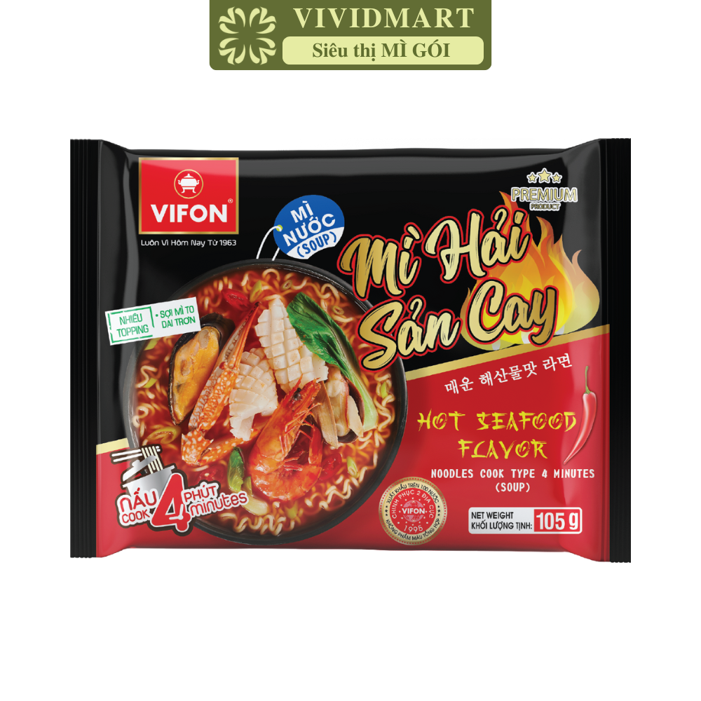 VIFON - Mì Vifon nấu 4 phút hương vị Hải sản cay, Mì Hải sản cay Vifon nấu, Mì nấu Vifon ăn liền (105g/gói)