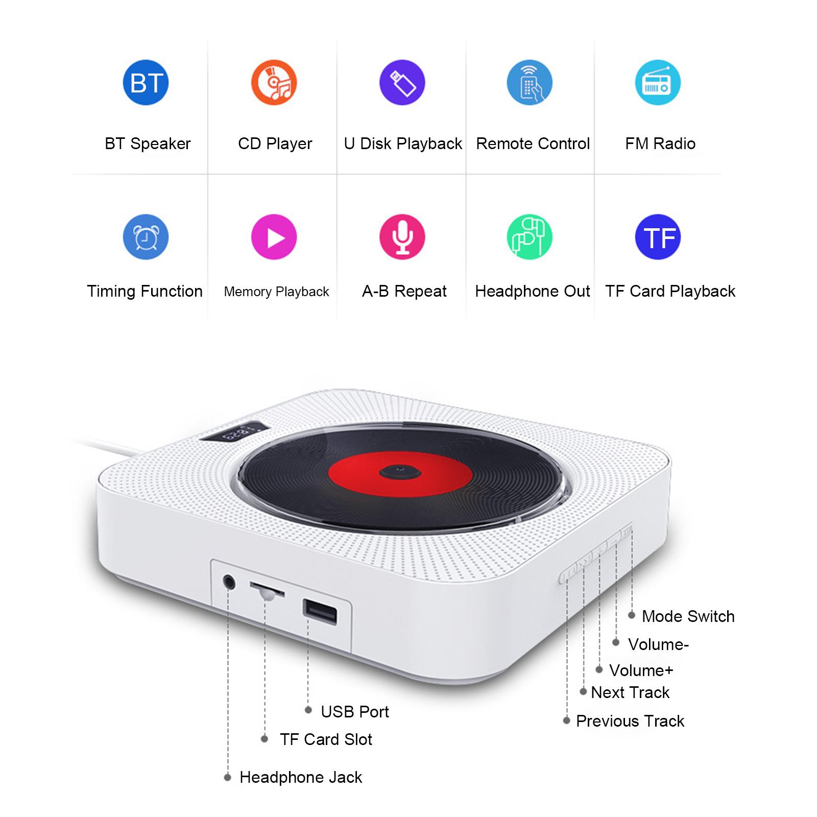Đầu đĩa CD gắn tường Loa Bluetooth với Điều khiển từ xa Đài FM Thẻ TF 3,5 mm