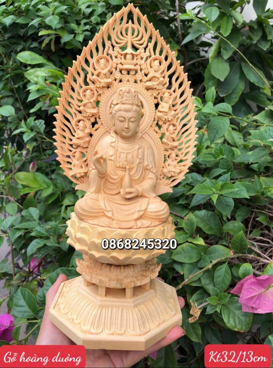 Tượng mẹ phật bà quan âm bồ tát bằng gỗ hoàng dương kt cao 31×13cm