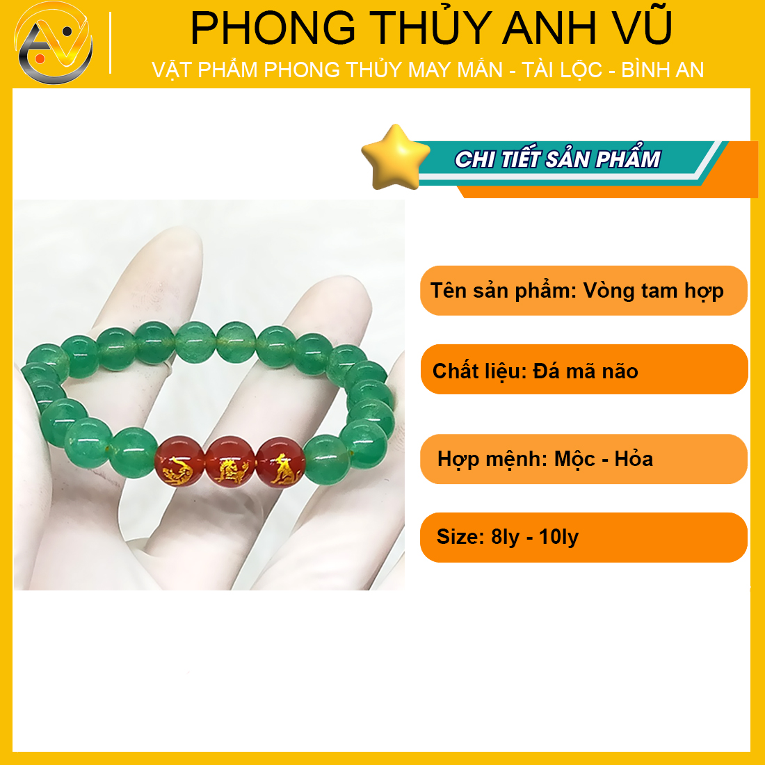 Vòng tam hợp quý nhân dần ngọ tuất đã khai quang - Vòng tay mã não xanh - Size 8 10ly cho nữ - May mắn tài lộc - Vòng Tam Hợp Anh Vũ