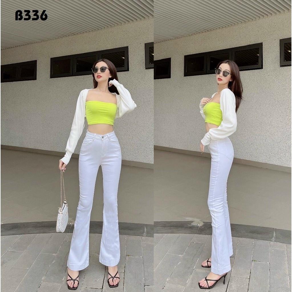 Quần Jean Nữ ỐNg Loe Lưng CAo Co Giãn Tôn Dáng Màu Trắng
