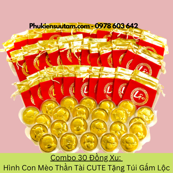 Combo 30 Đồng Xu Hình Con Mèo Thần Tài CUTE Tặng Túi Gấm Lộc, đường kính: 4cm, màu vàng - SP005932