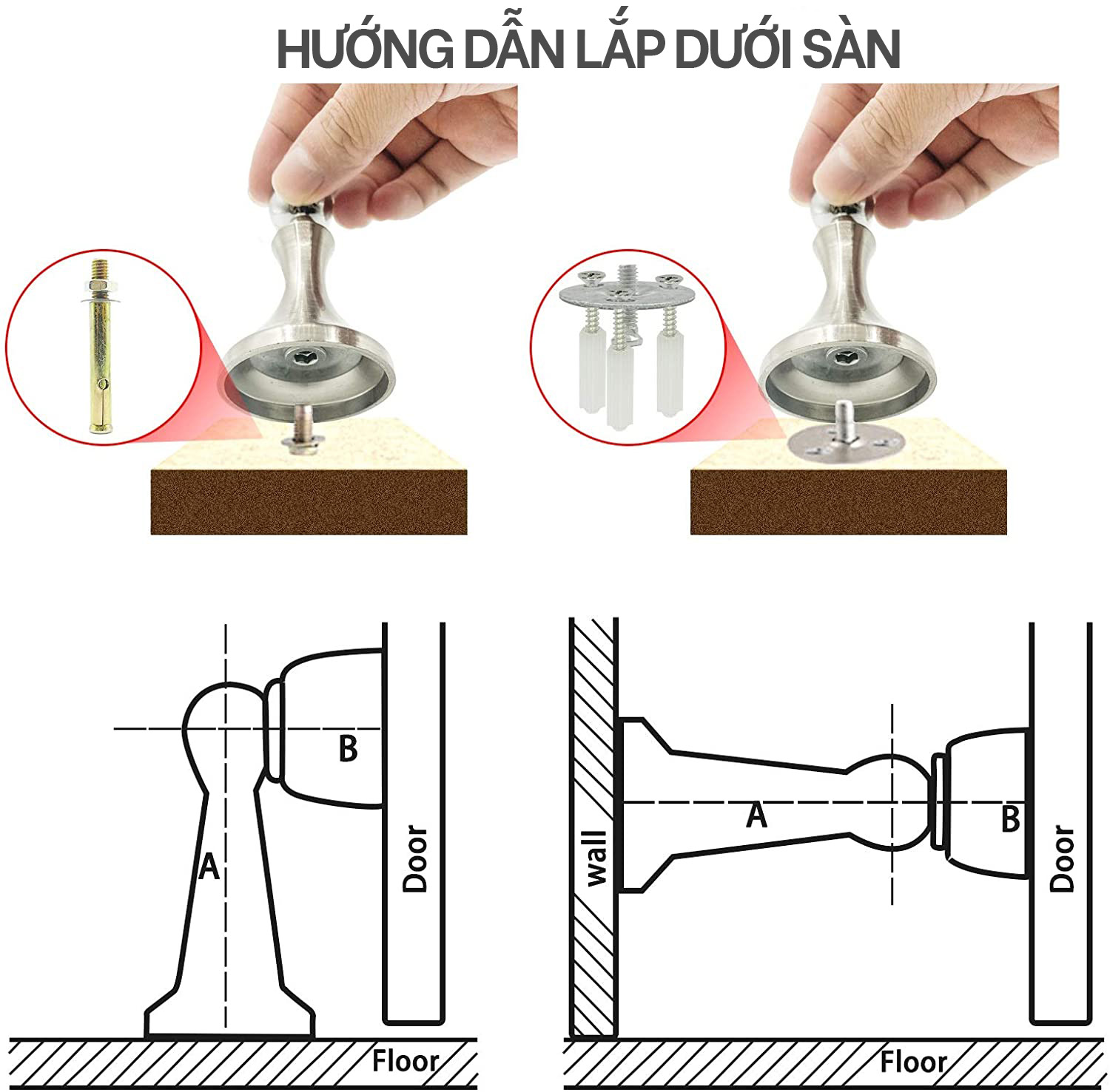 Bộ chặn cửa chống va đập nam châm hít cửa dán sàn Hobby Home Decor CC1 inox 304 kèm keo dán sàn