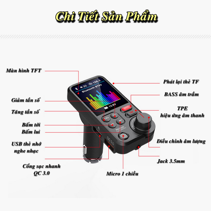 Tẩu Sạc Nhanh QC3.0 Trên Ô tô BT93 Tích hợp Nghe Nhạc MP3, Đài FM, Bluetooth 5.0, USB, Chế Độ EQ - Home and Garden