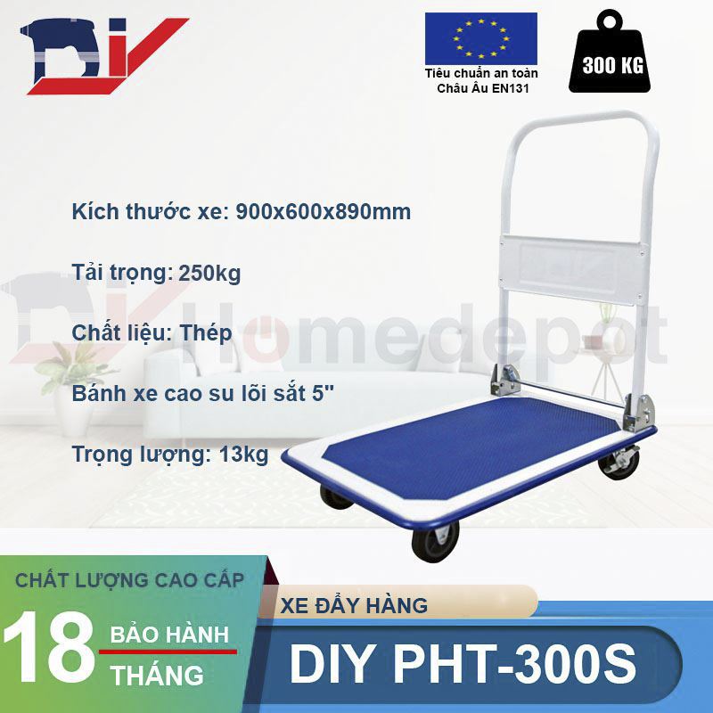 Xe đẩy hàng DIY PHT-300S 4 bánh sàn thép - Tải trọng 250kg - Hàng chính hãng