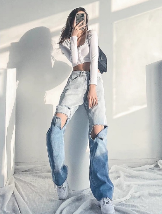 Quần jean Suông Ống Rộng màu Xanh Loang , Tua Lai rách kiểu phom To Dài hot hít 1005 NB