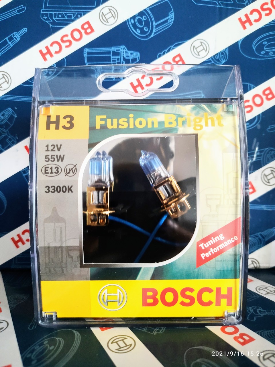 Bóng Đèn Tăng Sáng Bosch H3 12V 55W Fusion Bright 3300K (Hộp 2 Bóng)