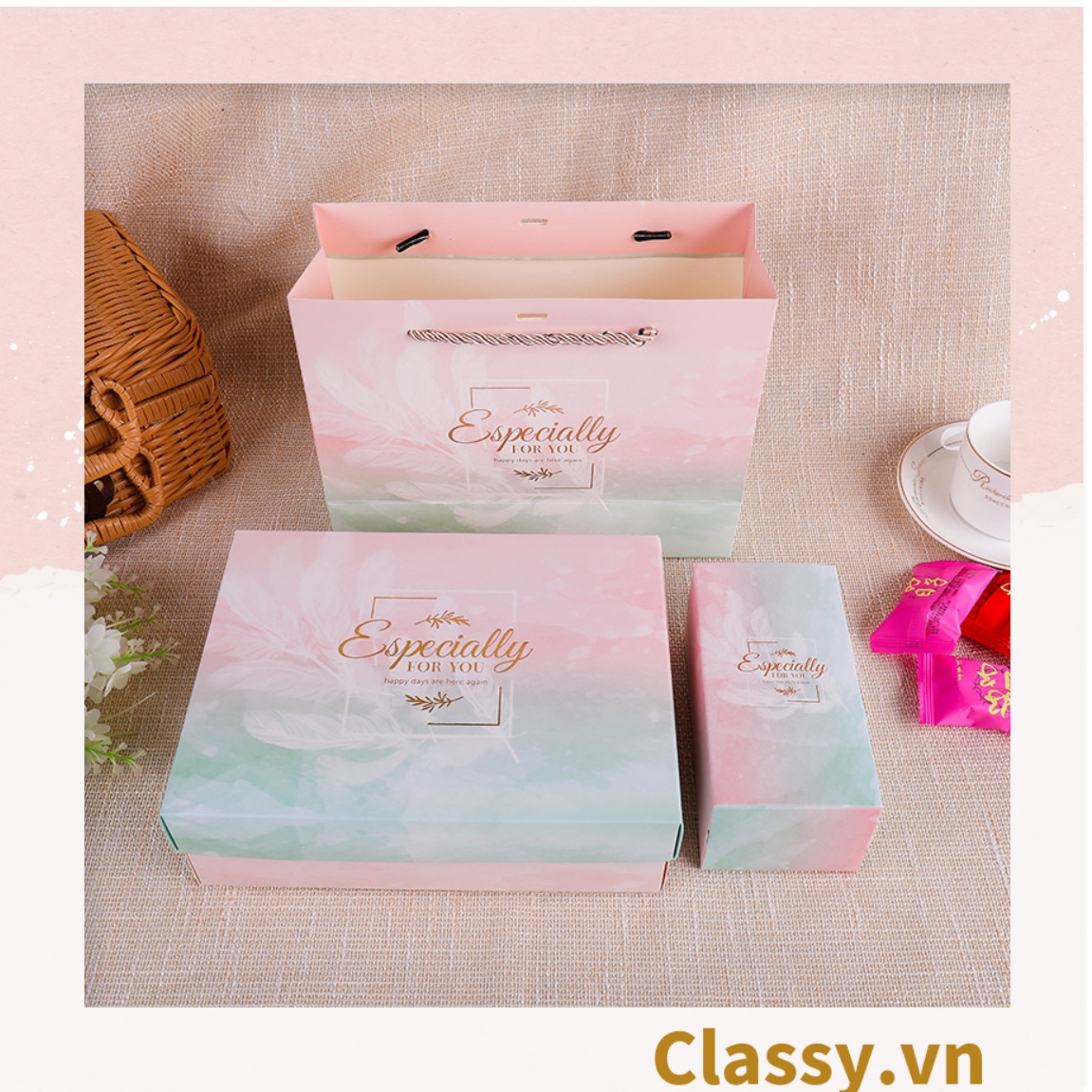 XÉ LẺ túi giấy +Hộp quà lớn quà tặng hoạ tiết đá cẩm thạch, In chữ Especially For You phong cách châu ÂU Q307