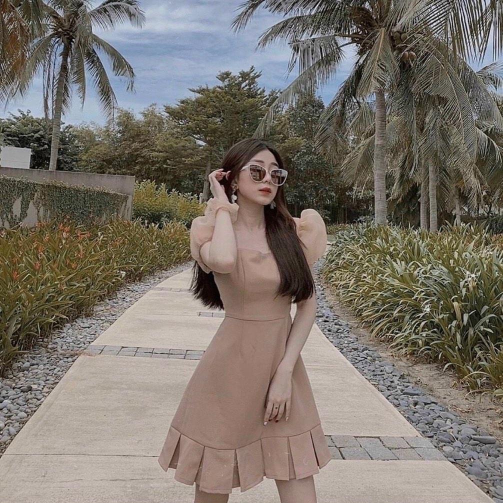 Đầm nude phối tay kiếngđi chơi đi tiệc đám cưới, du lịch sang chảnh cao cấp PVC