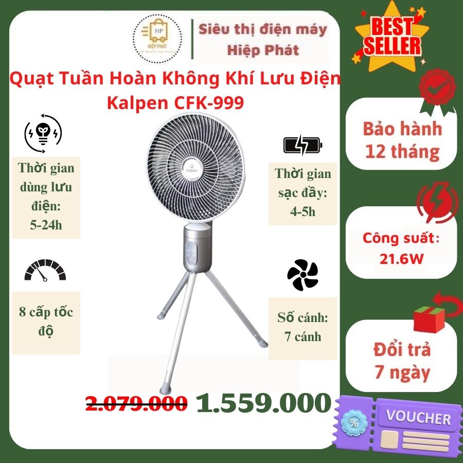 Quạt tích điện tuần hoàn không khí đa năng Kalpen CFK-999, sử dụng liên tục từ 5-24 giờ, Pin lithium 10.000mA, điều khiển từ xa, hẹn giờ - Hàng chính hãng