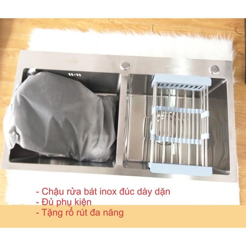 Chậu rửa bát đúc 2 hố dày dặn -Tặng rổ rút đa năng