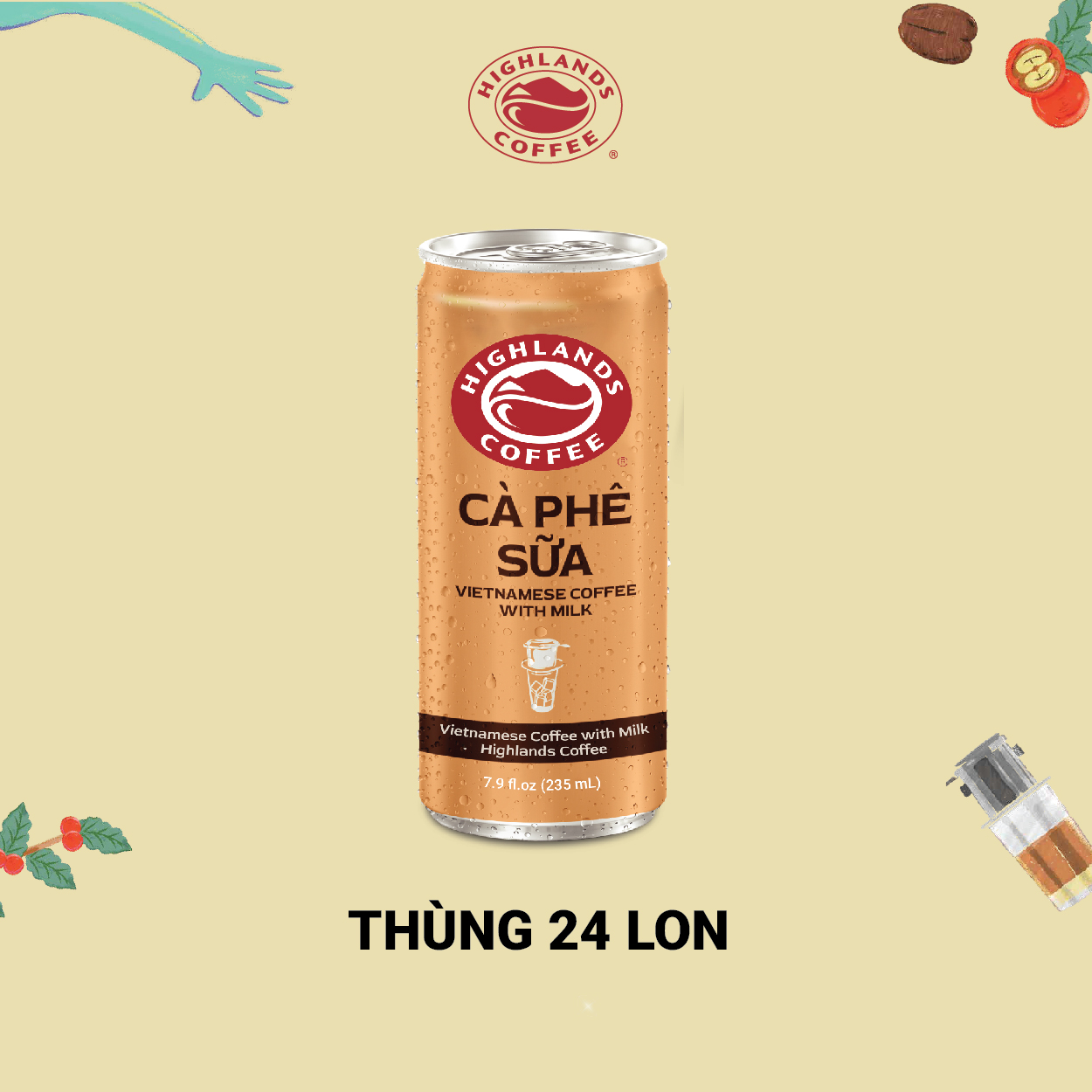 Thùng 24 Lon Cà Phê Sữa Highlands Coffee (235ml/Lon)